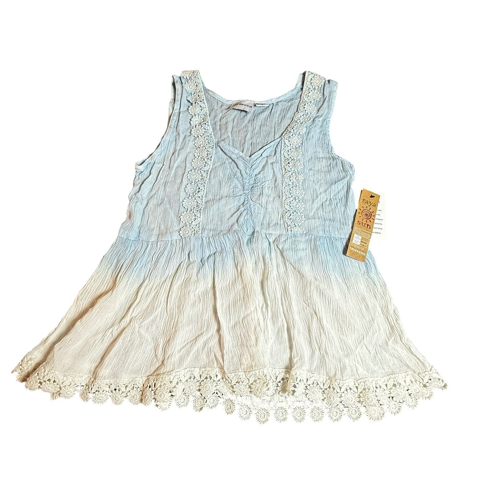 Raya Sun Tank Top Women Small Blue Ombre Crochet Lace Boho Peasant Y2K Festival